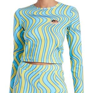 Fiorucci Green Blue Groovy Swirl Wave Long Sleeve Angel Patch Crop Top size M